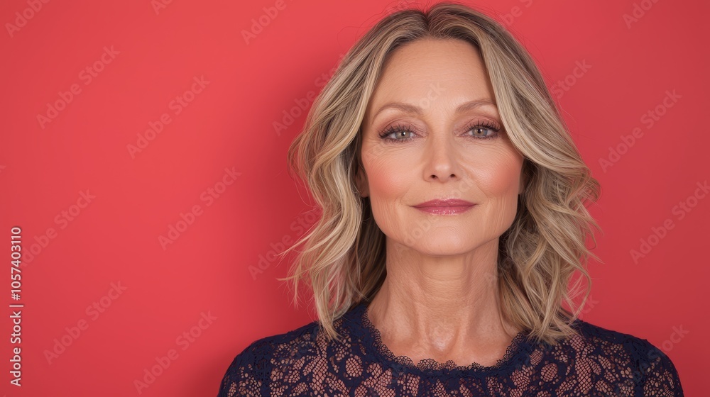 Fototapeta premium Elegant portrait of a mature woman against a vibrant red background showcasing beauty and confidence in contemporary photography
