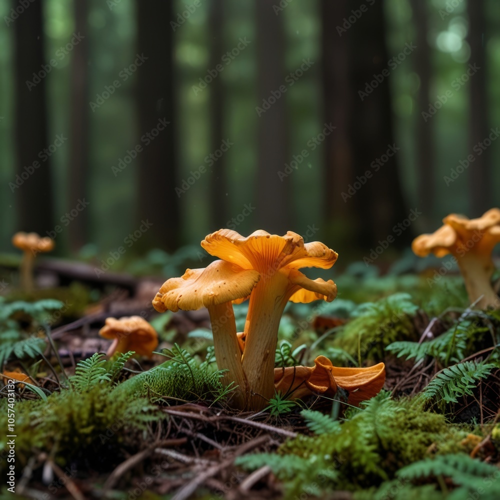Chanterelles in the forest - a natural scene that embodies the beauty and abundance of the wild. The mushrooms contrast with the lush greenery of the forest, creating a picturesque landscape. Chanterelles in the forest - a natural scene that embodies the beauty and abundance of the wild. The mushrooms contrast with the lush greenery of the forest, creating a picturesque landscape.