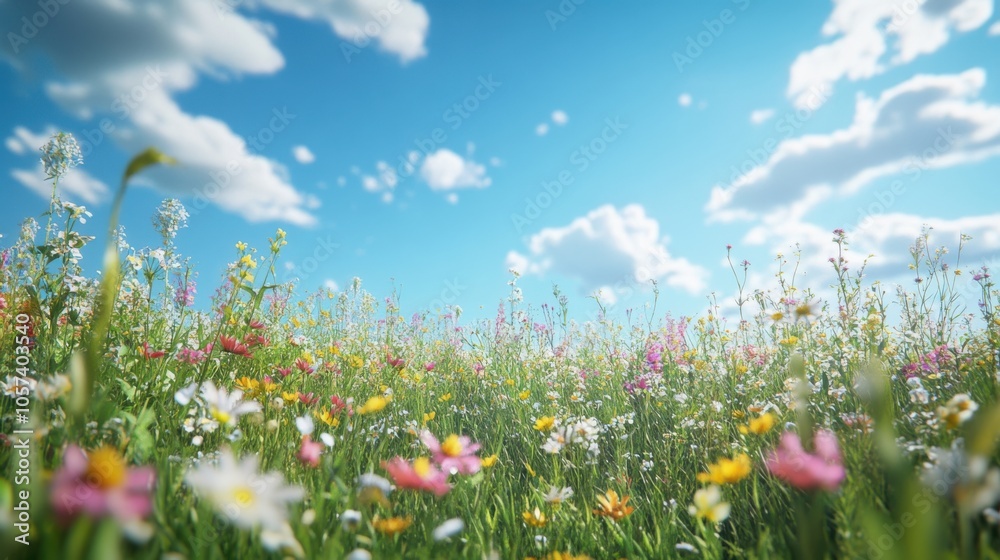 A meadow filled with wildflowers under a bright blue sky A meadow filled with wildflowers under a bright blue sky