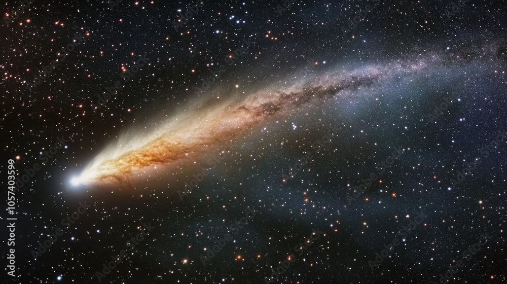 Burning comet tail streaking across the night sky, surrounded by bright stars and deep nebulae generative ai Burning comet tail streaking across the night sky, surrounded by bright stars and deep nebulae generative ai
