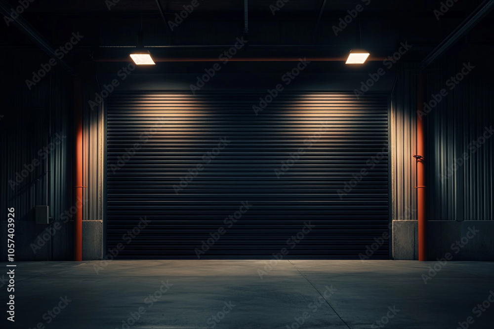 A garage with a roller shutter door that is closed and a light shining on it. A garage with a roller shutter door that is closed and a light shining on it.