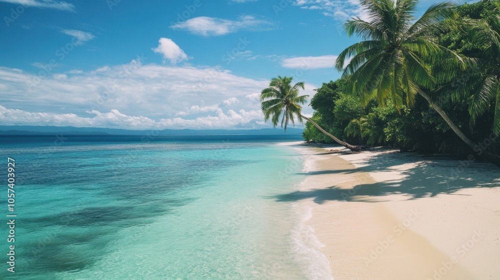 A pristine beach with turquoise water and palm trees A pristine beach with turquoise water and palm trees