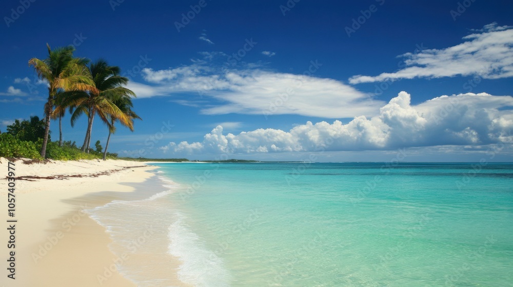 A pristine beach with turquoise water and palm trees A pristine beach with turquoise water and palm trees