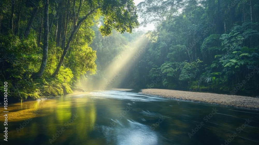 A pristine river cutting through a dense rainforest A pristine river cutting through a dense rainforest