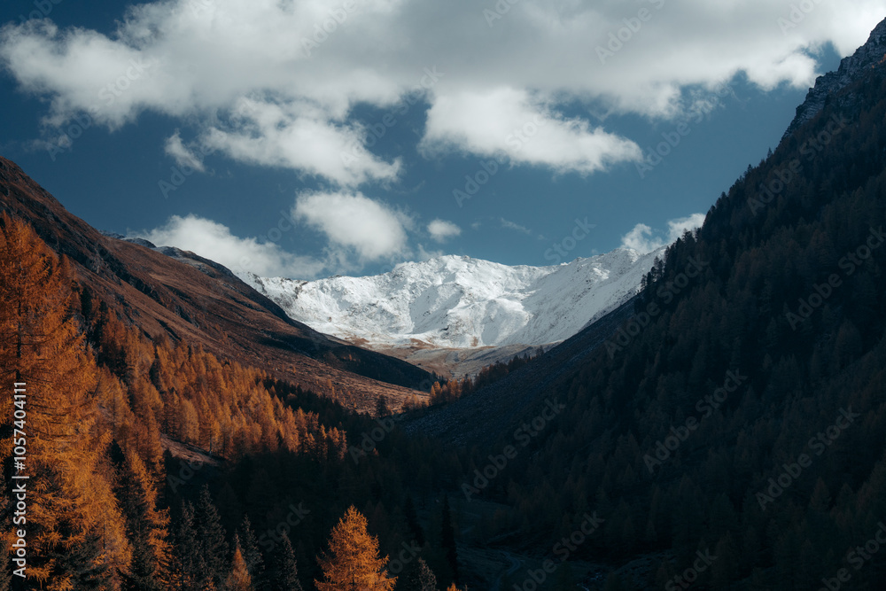 Stunning autumn mountain scenery in the Alps with snowcapped mountain tops and golden larches in fall