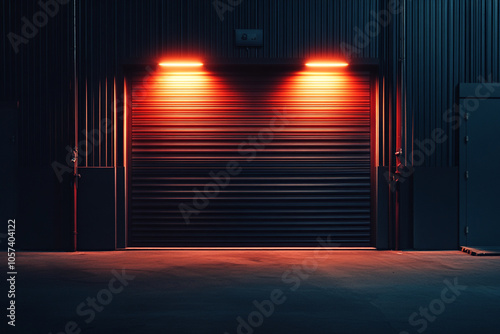 A garage with a roller shutter door that is closed and a light shining on it. photo