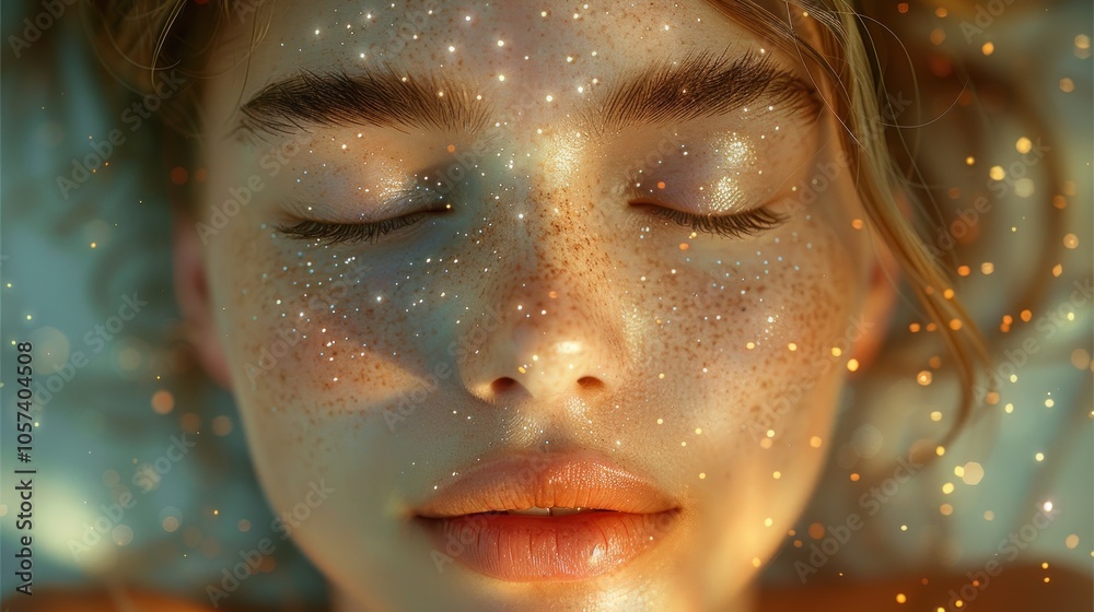 A close-up of a serene face adorned with freckles and sparkling effects. A close-up of a serene face adorned with freckles and sparkling effects.
