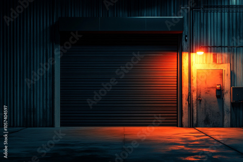 A garage with a roller shutter door that is closed and a light shining on it. photo