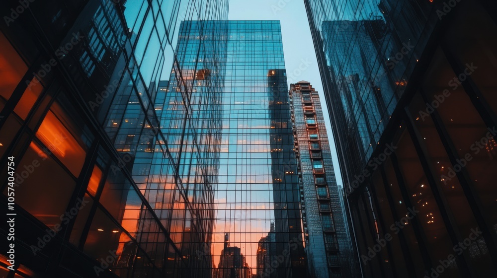 A sleek, modern skyscraper with glass windows reflecting the city skyline A sleek, modern skyscraper with glass windows reflecting the city skyline