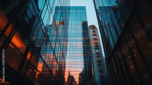 A sleek, modern skyscraper with glass windows reflecting the city skyline