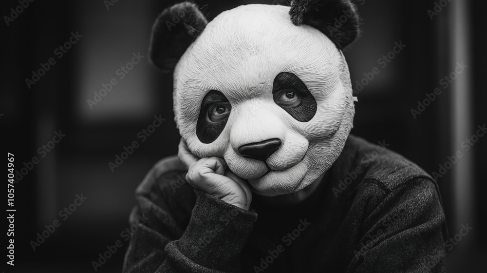 Black and white image of a person wearing a panda mask, resting their head on their hand, with a thoughtful expression Black and white image of a person wearing a panda mask, resting their head on their hand, with a thoughtful expression