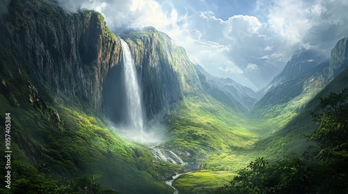 A waterfall cascading down a rocky cliff into a lush green valley