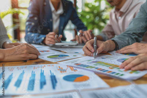 Hands business team having a meeting to analyze data graph charts for a marketing plan in the office