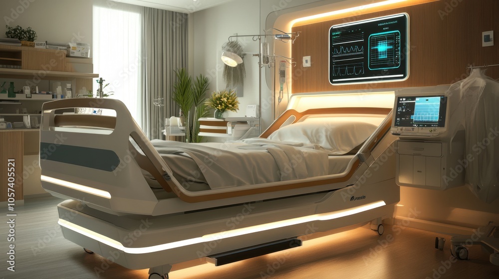 Fototapeta premium Advanced hospital bed with built-in screens and patient communication systems