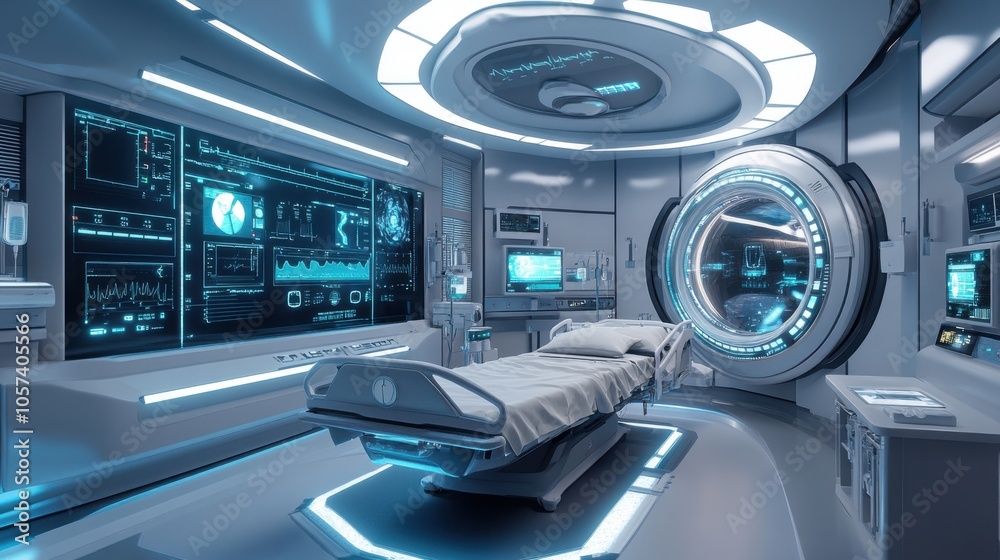 Advanced hospital monitoring systems in a futuristic ICU unit