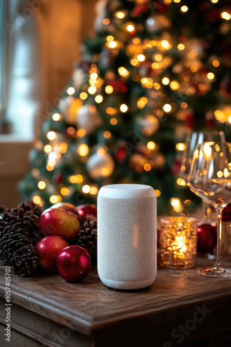 Wallpaper Mural A cozy holiday atmosphere features a speaker, Christmas decorations, candles, apples, and pinecones on a wooden table during festive celebrations Torontodigital.ca