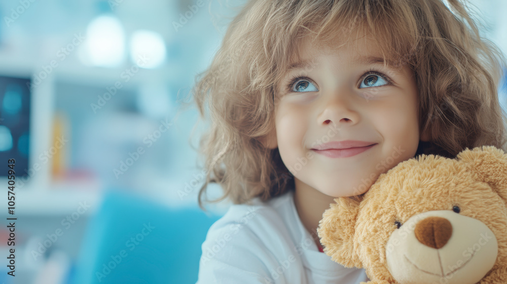 A child with curly hair smiles happily while holding a stuffed teddy bear, conveying a sense of joy and innocence in a cozy setting. A child with curly hair smiles happily while holding a stuffed teddy bear, conveying a sense of joy and innocence in a cozy setting.