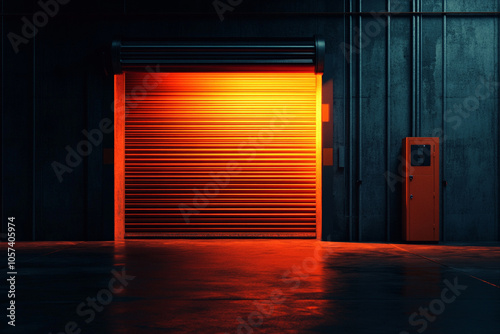 A garage with a roller shutter door that is closed and a light shining on it. photo