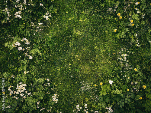 Lush green grass framed by white and yellow wildflowers in a serene natural setting.