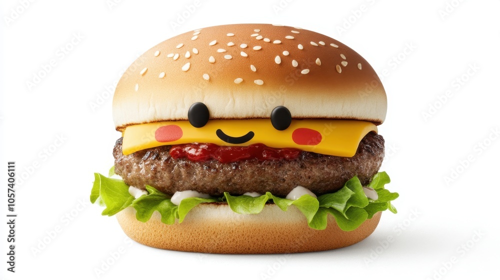 Cute and colorful kids meal burger, cartoon face, isolated on white, designed to look fun and appetizing Cute and colorful kids meal burger, cartoon face, isolated on white, designed to look fun and appetizing