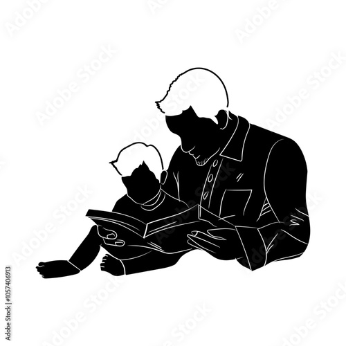 Silhouette of a father and son reading a book together