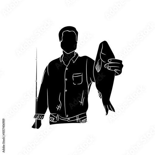 Silhouette of a fisherman holding a caught fish and a fishing rod.