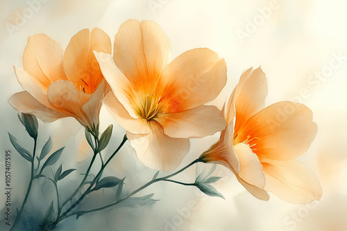 A serene illustration of delicate orange flowers with soft petals, set against a blurred light background, creating a calm and ethereal atmosphere.