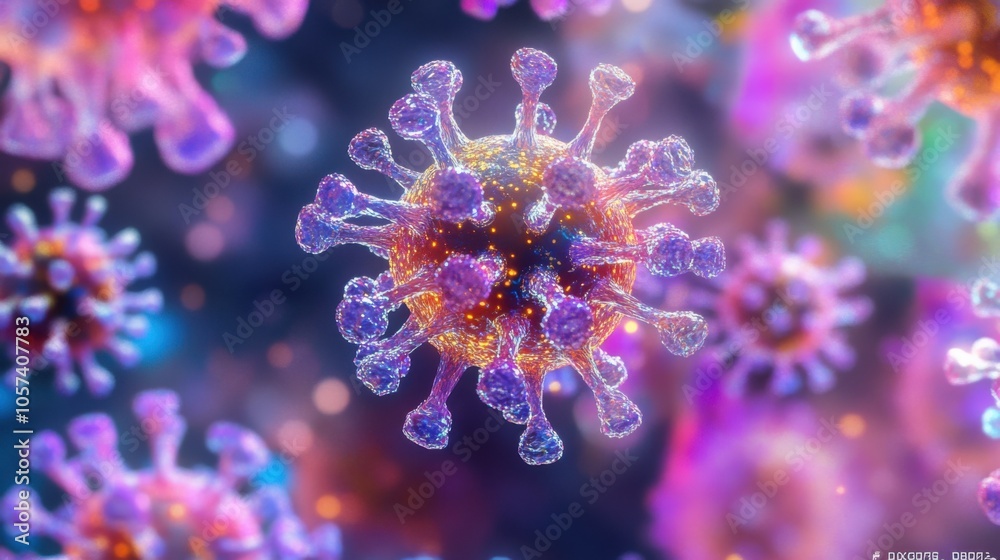 Close-up of flu virus on a digital screen, high detail and vibrant colors Close-up of flu virus on a digital screen, high detail and vibrant colors