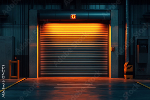 A garage with a roller shutter door that is closed and a light shining on it. photo