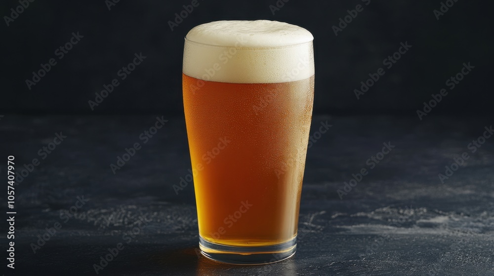 Cold beer with a thick, frothy head in a pint glass