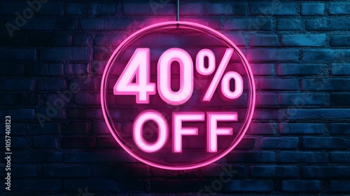 Pink Neon '40% OFF' Sign on a Brick Wall