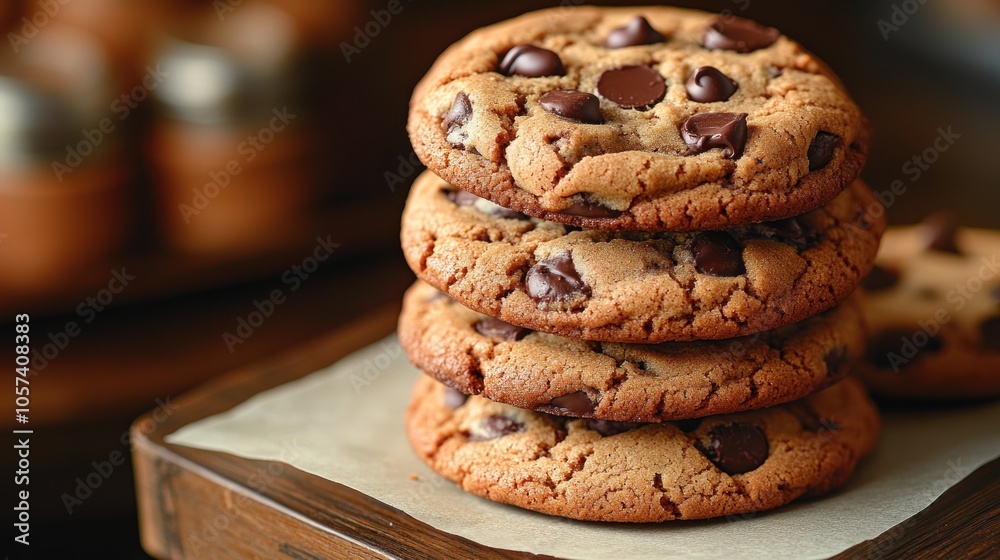 A stack of delicious chocolate chip cookies on parchment paper, inviting and freshly baked. A stack of delicious chocolate chip cookies on parchment paper, inviting and freshly baked.