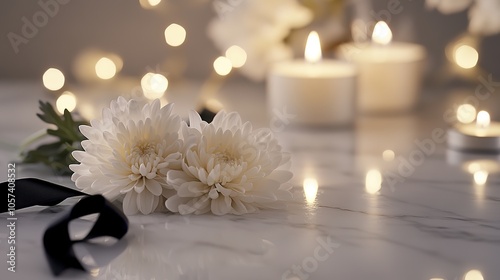 Black ribbons, white candles and roses are used to honor the dead，generated with AI.