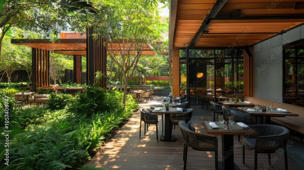 Contemporary hotel dining area with outdoor seating Contemporary hotel dining area with outdoor seating