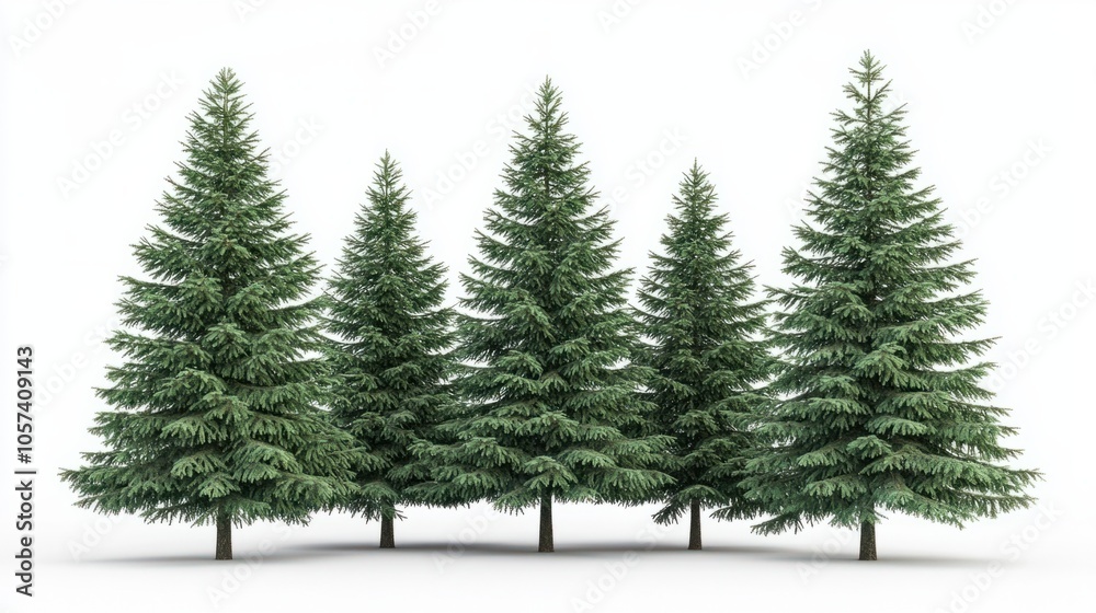 Group of green fir trees with pointed needles, evoking forest wilderness, isolated on white background Group of green fir trees with pointed needles, evoking forest wilderness, isolated on white background