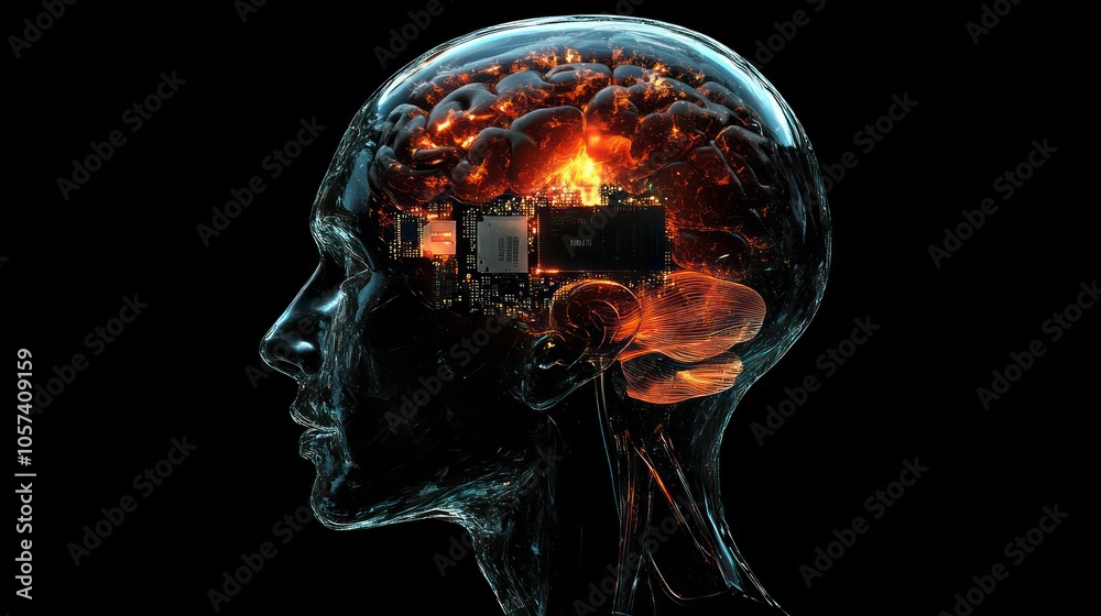 A translucent head showcasing a brain and electronic components, symbolizing technology and thought. A translucent head showcasing a brain and electronic components, symbolizing technology and thought.