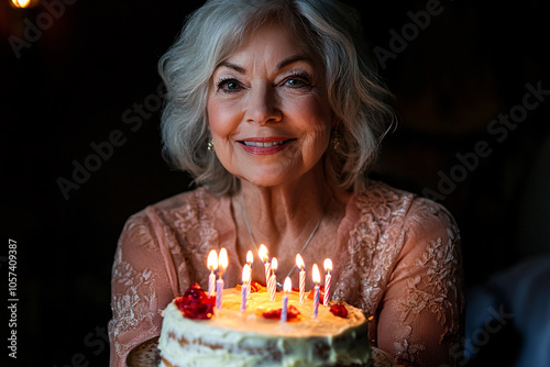 Happy beautiful senior woman holding birthday cake with candles over black background, birthday celebration concept photo