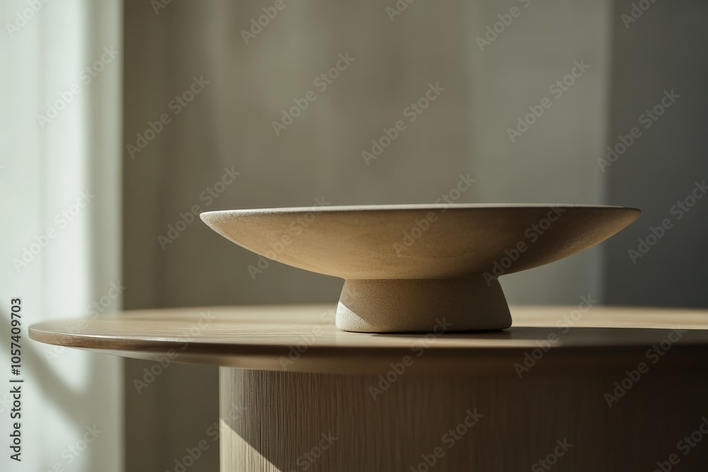 A minimalist shallow bowl sculpture is showcased on a wooden pedestal, accentuated by soft natural light, embodying simplicity and sophistication in design. A minimalist shallow bowl sculpture is showcased on a wooden pedestal, accentuated by soft natural light, embodying simplicity and sophistication in design.