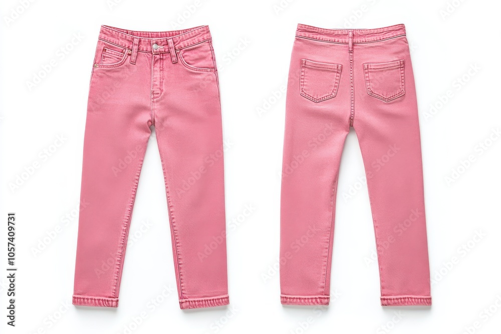 Pink classic jeans, front and back view, isolated on white background Pink classic jeans, front and back view, isolated on white background
