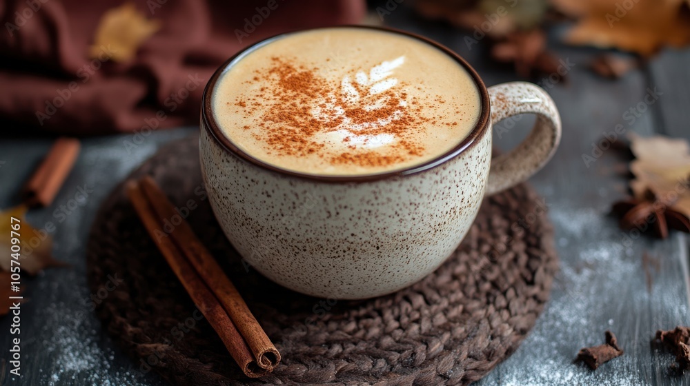 Cup of creamy chai latte with a dusting of cinnamon on top Cup of creamy chai latte with a dusting of cinnamon on top