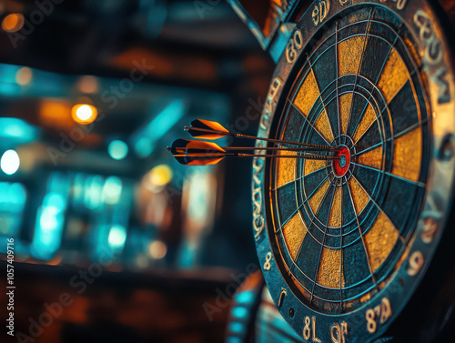 Close-up of a dartboard with three darts striking the bullseye in a dimly lit bar setting.