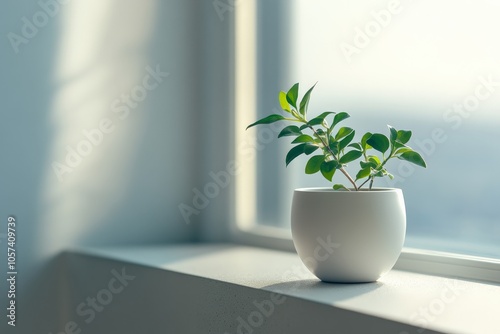 A minimalist white pot holds a vibrant green plant, basking in the sunlight on a windowsill, embodying simplicity, tranquility, and a fresh aesthetic appeal. photo