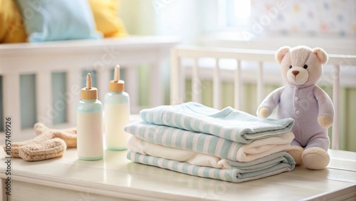 A folded baby onesie beside a bottle of lotion and a plush toy on a changing table in a gentle pastel nursery