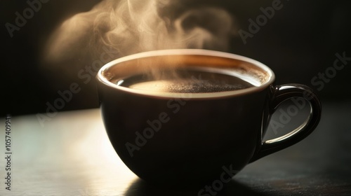 Cup of dark, rich black coffee with steam rising