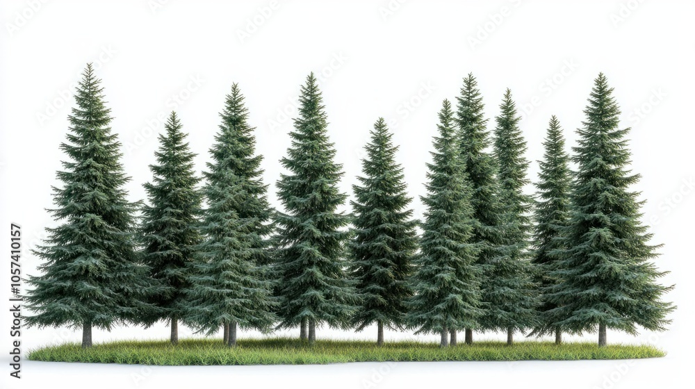 Group of tall coniferous trees with rich green needles, creating a woodland vibe, isolated on white background