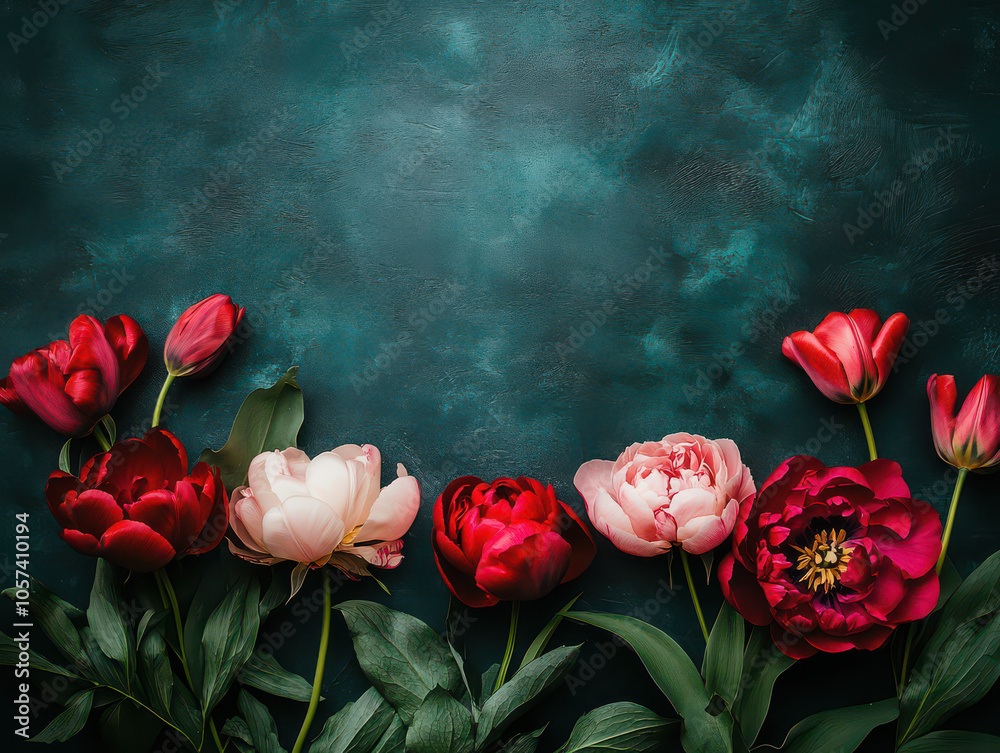 A vibrant arrangement of red, pink, and white flowers on a textured dark green background. A vibrant arrangement of red, pink, and white flowers on a textured dark green background.