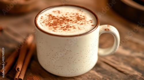 Cup of frothy vanilla latte with a dusting of cinnamon