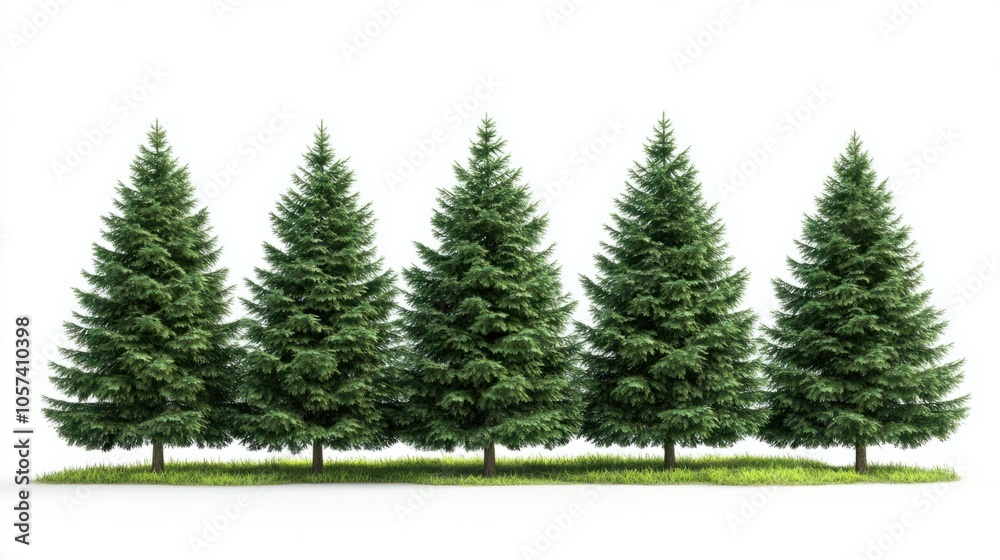 Obraz premium Group of tall fir trees with deep green foliage, representing a forested landscape, isolated on white background