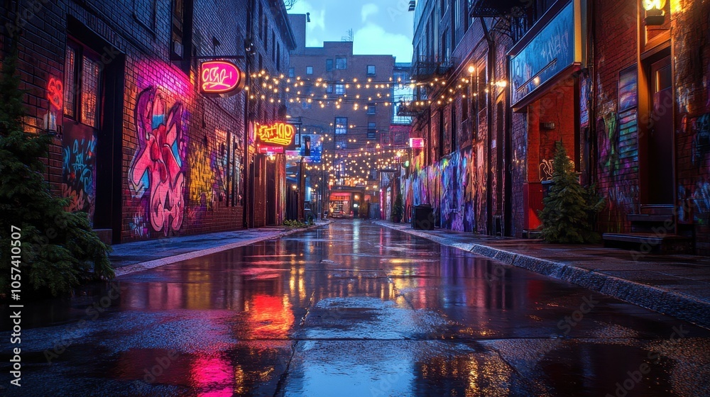 Vibrant Urban Alleyway with Colorful Graffiti and String Lights Reflecting on Wet Pavement at Dusk Vibrant Urban Alleyway with Colorful Graffiti and String Lights Reflecting on Wet Pavement at Dusk