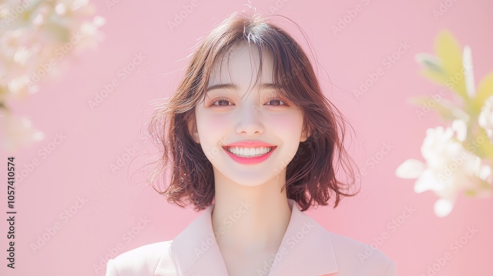 A joyful moment captured radiant smile against a soft pink backdrop reflecting warmth and happiness A joyful moment captured radiant smile against a soft pink backdrop reflecting warmth and happiness